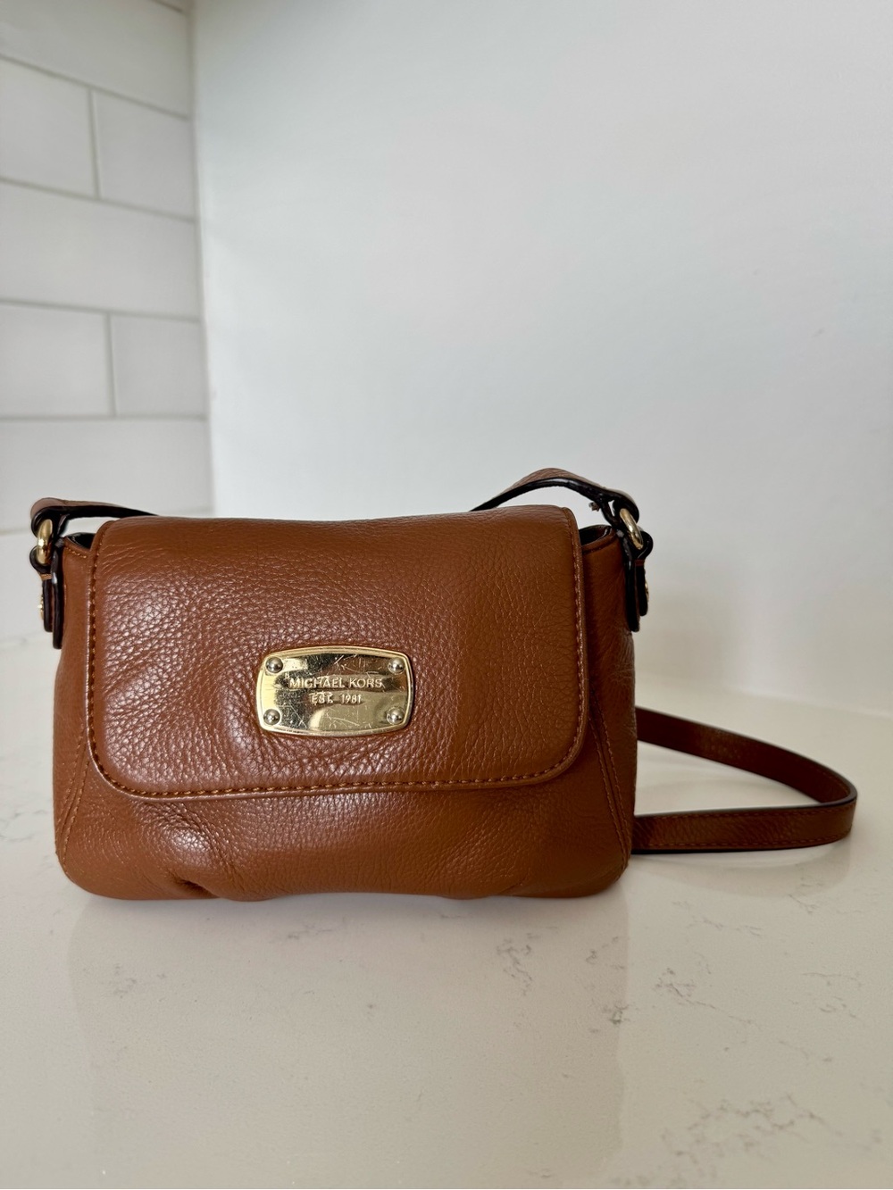 Michael Kors Cognac Leather Crossbody with Gold Plaque